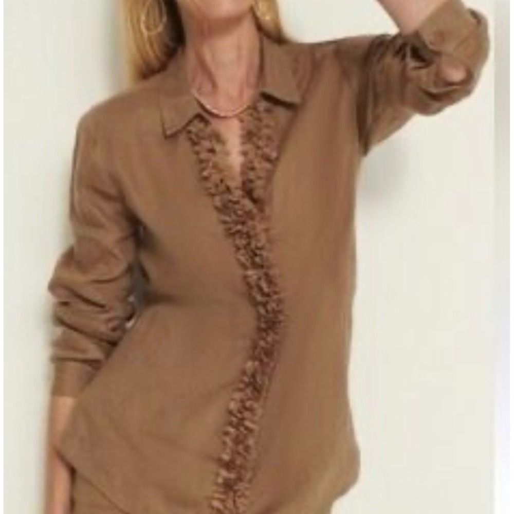 Chicos Brown 100% Linen Ruffle Trim Button Up Shirt Blouse Size 3 US 16